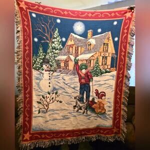 Vtg Snow Scene Tapestry Throw Blanket  Snowman Children Dog USA 61x68 Winter